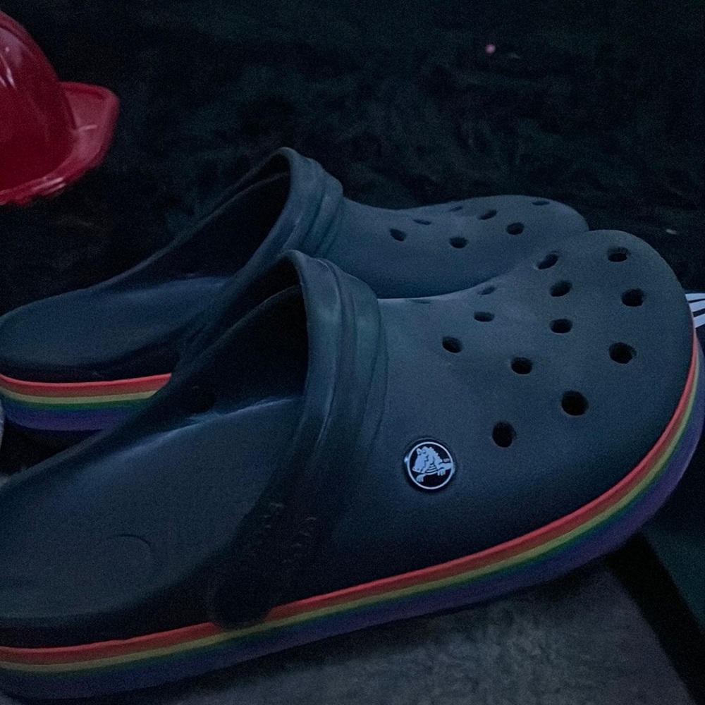 Rainbow and black crocks size 9